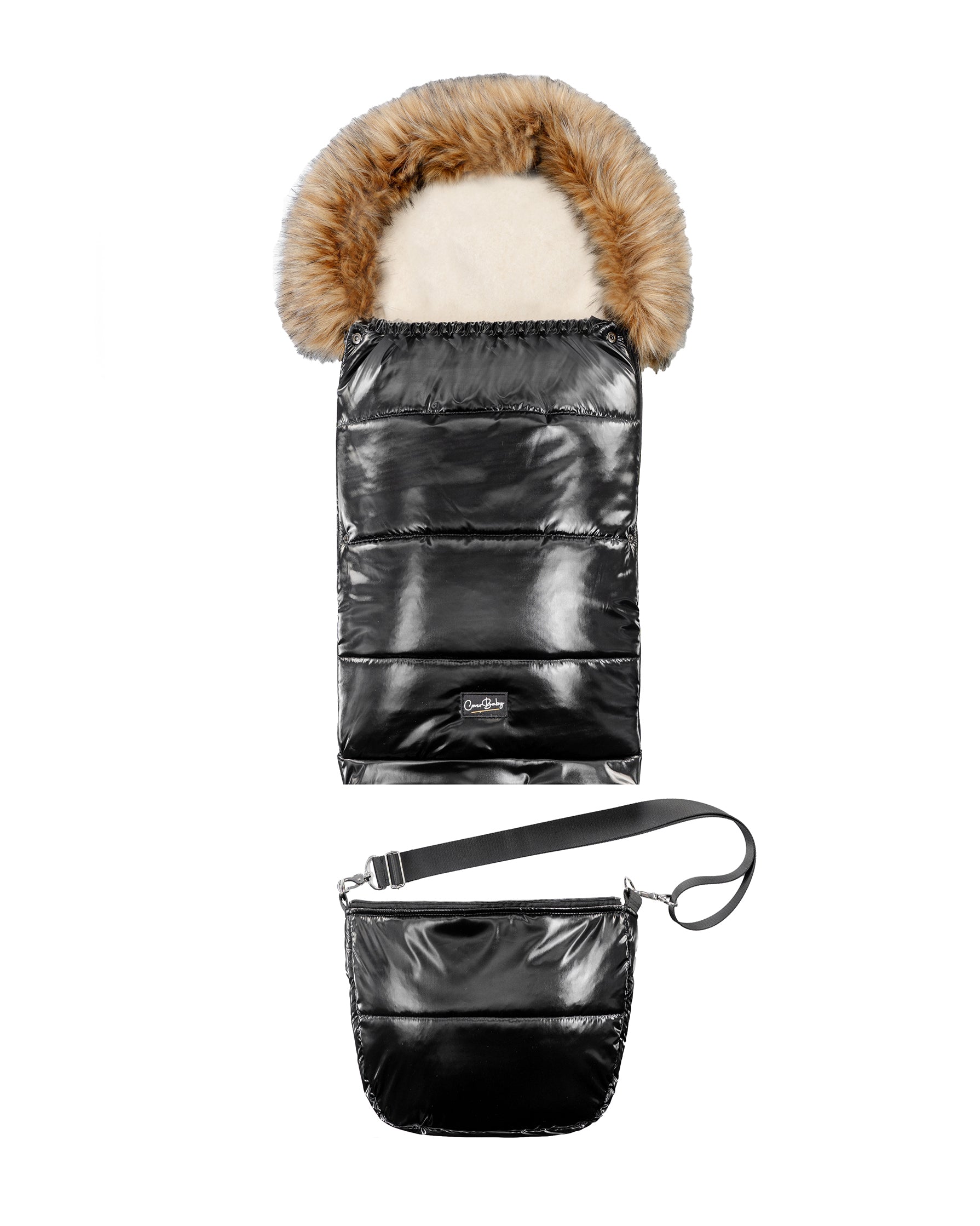 Satin Black Organic Premium Beige Wool Adjustable Footmuff - Cover Baby LLC