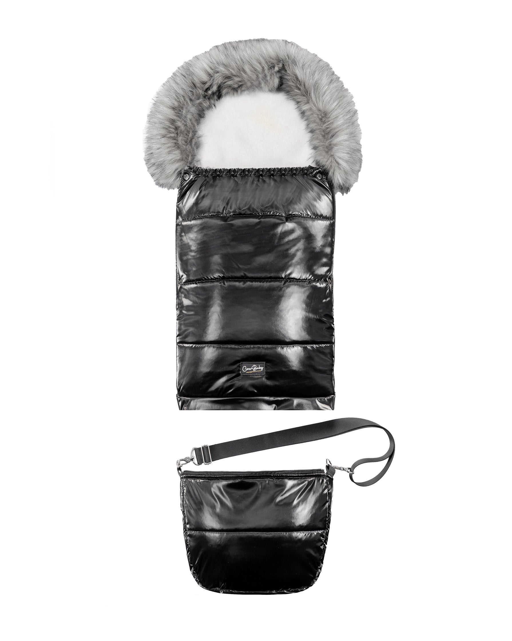 Satin Black Organic Premium Gray Wool Adjustable Footmuff - Cover Baby LLC